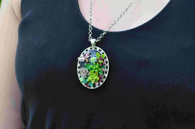 Handmade floral pendant necklace with miniature clay flowers