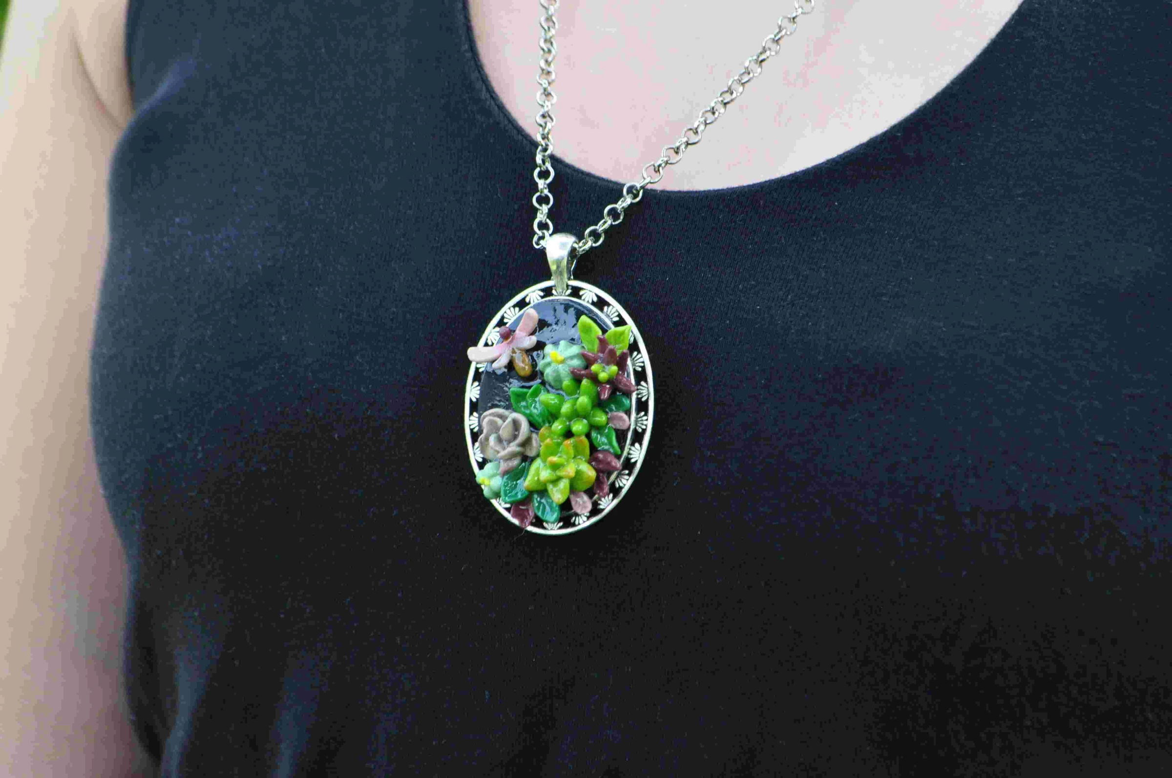 Handmade floral pendant necklace with miniature clay flowers