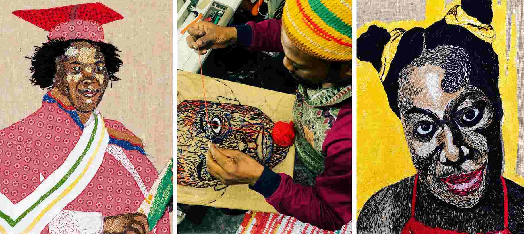 Triptych of textile art portraits and artist hand-stitching